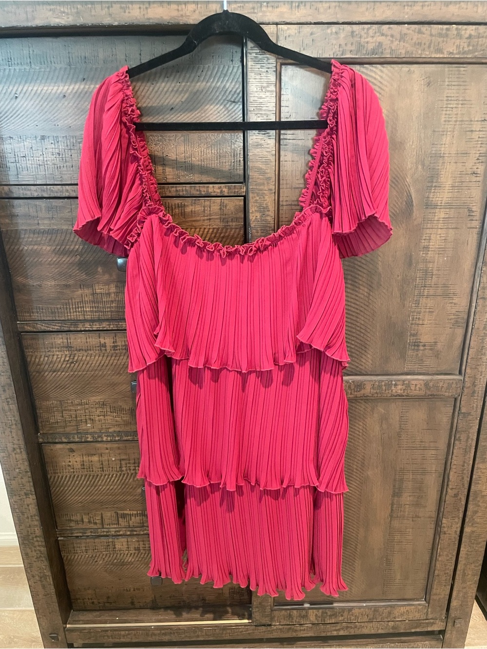 DKNY Burgundy Tiered Pleated Midi Dress
